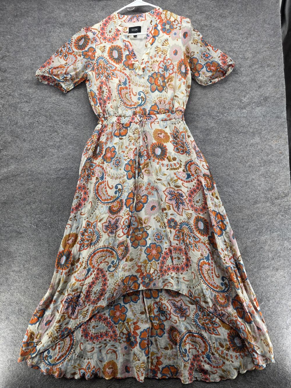 MSK Dress Womens S White Fit & Flare Maxi Hi-Low Floral Short Sleeve Lined